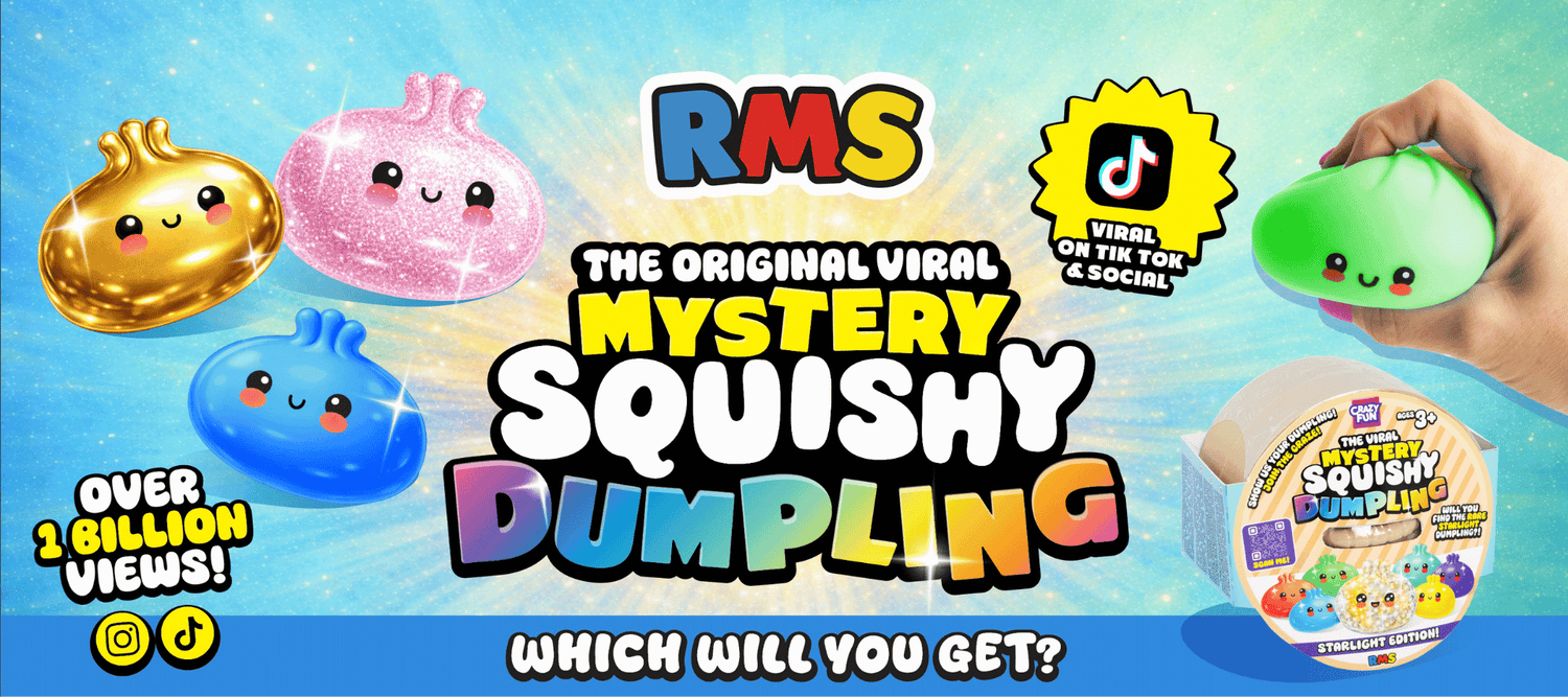 Promotional banner for RMS Mystery Squishy Dumpling with colorful dumplings and a hand holding one, set against a blue gradient background.